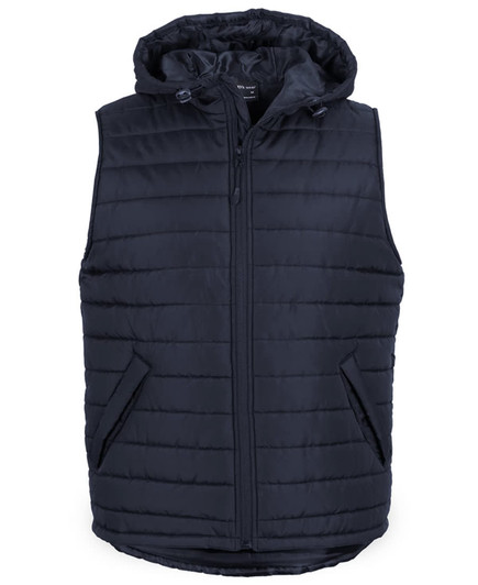 A navy hooded puffer vest featuring a zip front and side pockets, with a logo on the chest.
