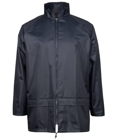 A navy rain jacket featuring a zip front, high collar, and elasticated cuffs. It has a logo on the chest.