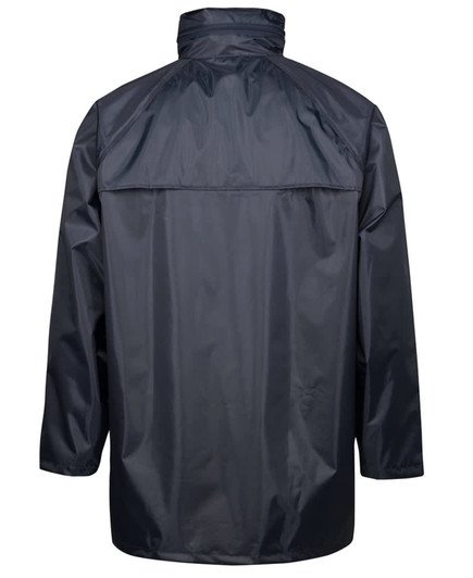 A black rain jacket with a high collar and a back vent, featuring a logo.