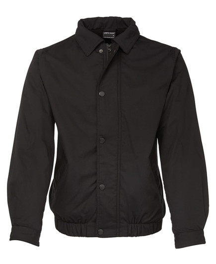 A black polar fleece jacket with a collar, snap buttons, and side pockets. It features a logo.