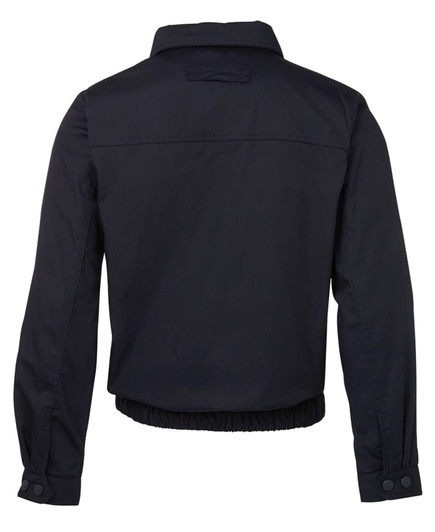 A black polar fleece jacket featuring a collar, elastic hem, and buttoned cuffs. Includes a logo on the back.