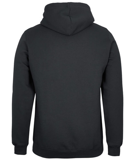 A black hoodie with a hood, featuring a clean, minimalist design and a logo at the back.
