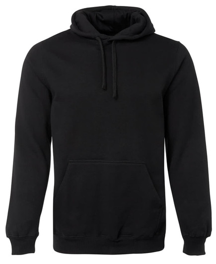 A black hoodie featuring a front pocket and drawstring hood, with a logo present.