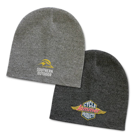 A grey knit beanie and a charcoal knit beanie, both with logos embroidered on the front.