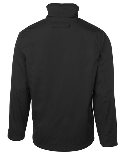 A black jacket featuring a high collar and long sleeves, with a plain back and a logo on the design.