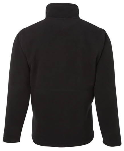 A black jacket with a high collar and a simple design, featuring a logo on the back.