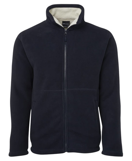 A navy fleece jacket with a high collar and zip closure, featuring a soft interior and a branding logo.