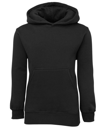 A black fleecy hoodie featuring a front pocket and a hood, ideal for kids. It has a branded logo.