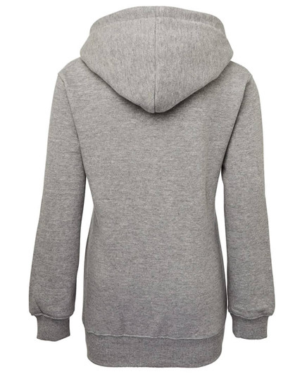 A grey fleecy hoodie featuring a hood and ribbed cuffs. The back view showcases a casual design.