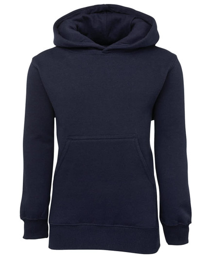 A navy fleecy hoodie with a front pocket and a hood, featuring a branded logo.