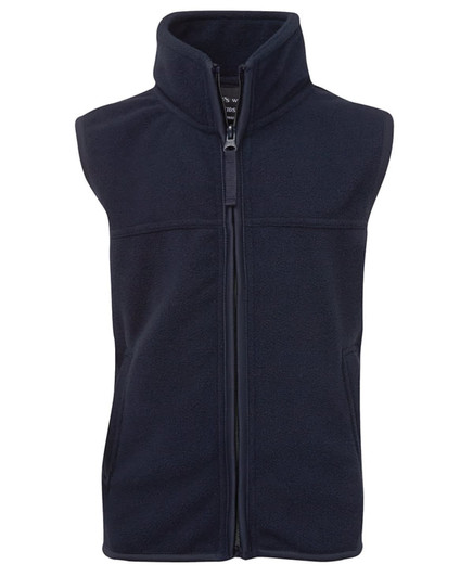 A navy polar vest with a high collar and full front zipper, featuring a logo on the tag.