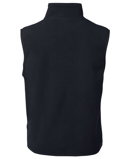 A black polar vest with no sleeves and a high collar, featuring a logo on the back.