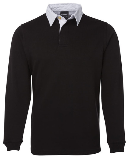 A black long-sleeve polo shirt with a white collar and a logo on the chest.