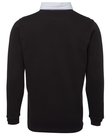 A black long-sleeved polo shirt with a light-coloured collar and a logo on the back.