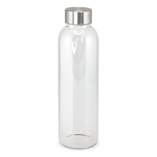 A drink bottle made of clear glass with a stainless steel lid, featuring a sleek, modern design.