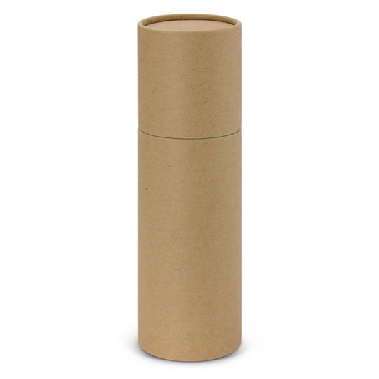 A drink bottle in a cylindrical cardboard packaging, featuring a textured, plain brown surface.