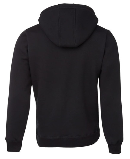 A black hoodie with a natural-coloured inner hood and a branded logo on the back.