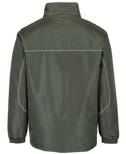 A green rain jacket with elastic cuffs and a branding logo on the back, featuring a simple design.