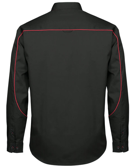 A black long-sleeve button-up shirt featuring red piping along the seams and a simple collar design.