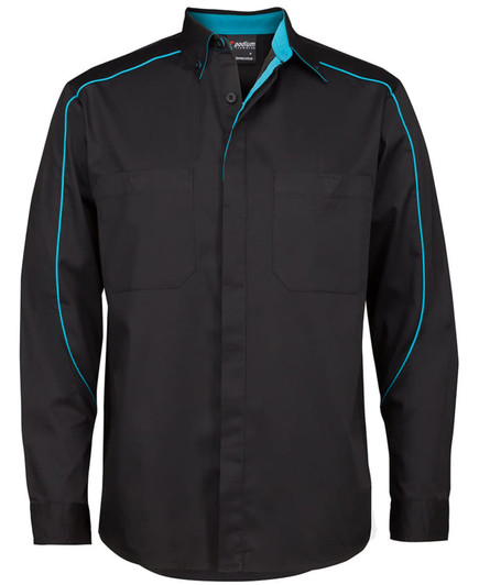 A black button-up shirt featuring contrasting turquoise detailing and two chest pockets. It has a logo on the label.