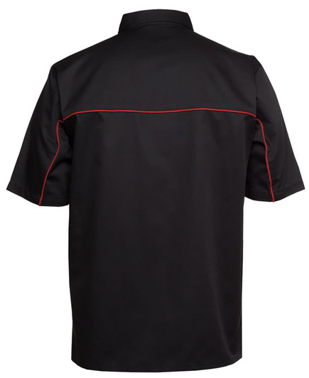 A black and charcoal button-up shirt featuring red piping and a logo on the back.