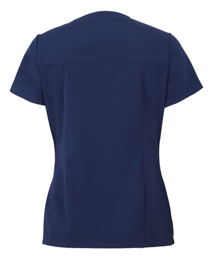 A navy blue ladies' scrub top with a short sleeve design and a simple, professional cut. It includes a logo.