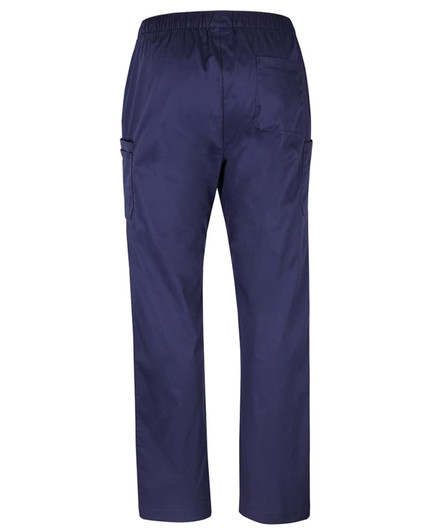 Navy blue unisex cargo pants with an elastic waistband and two side pockets. Features branding on the back.