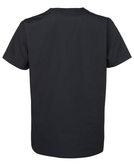 A unisex scrub top in black with short sleeves, featuring a plain design and a branded logo.