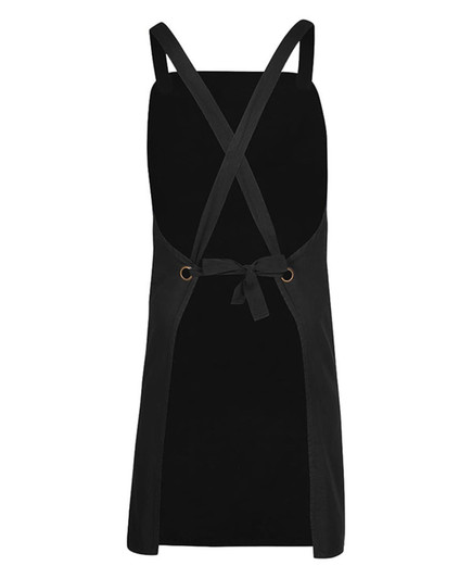 A black cross back canvas apron without a strap, featuring a tied closure and a logo.