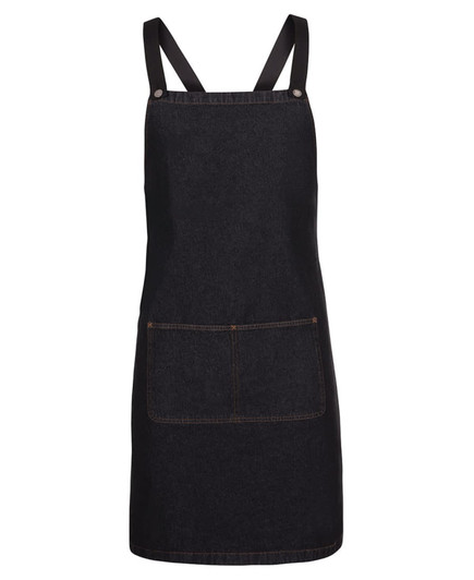 A black denim cross back apron featuring a front pocket and adjustable straps. It has a simple logo detail.