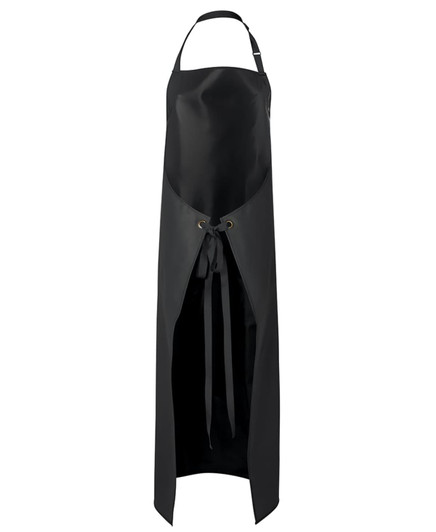A black vinyl apron featuring an adjustable neck strap and waist ties, with a sleek, modern design.