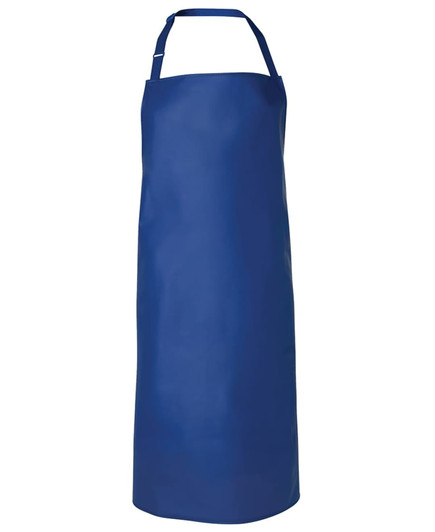 A blue vinyl bib apron with an adjustable neck strap, featuring a logo. Suitable for various workwear applications.