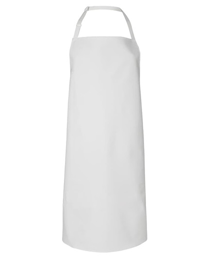 A white vinyl bib apron with a neck strap, featuring a simple design and no visible logos.