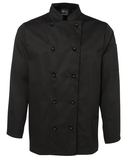 A black long-sleeve chef's jacket with a double-breasted design and a pocket on the sleeve.