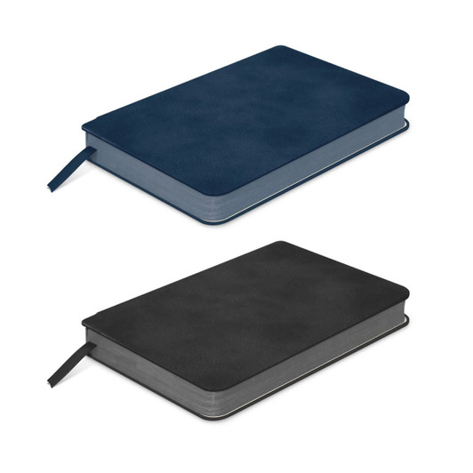 A small notebook in navy blue and black, featuring a smooth cover and a ribbon bookmark. It has a logo on the cover.