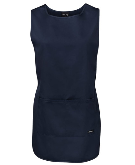 A navy smock with a simple sleeveless design and two front pockets. Features branding on one side.
