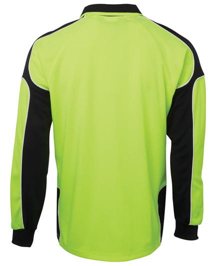 High-visibility long-sleeve polo shirt in lime green and black, featuring a logo. Designed for workwear use.