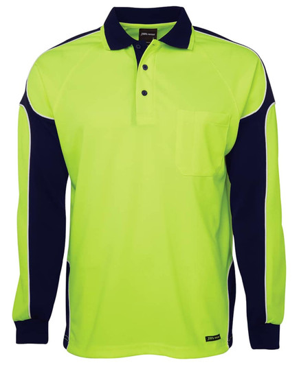 A long-sleeved polo shirt featuring a bright yellow body and navy blue arm panels, with a pocket and branding.
