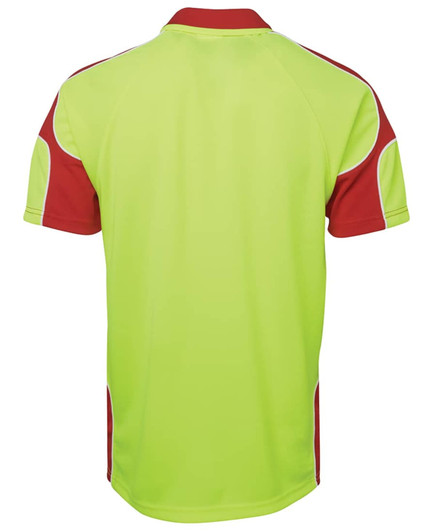 A bright lime green and red polo shirt featuring arm panel detailing and a logo.