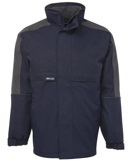 A black and charcoal rain jacket featuring a high collar and elasticised cuffs, with a logo on the front.