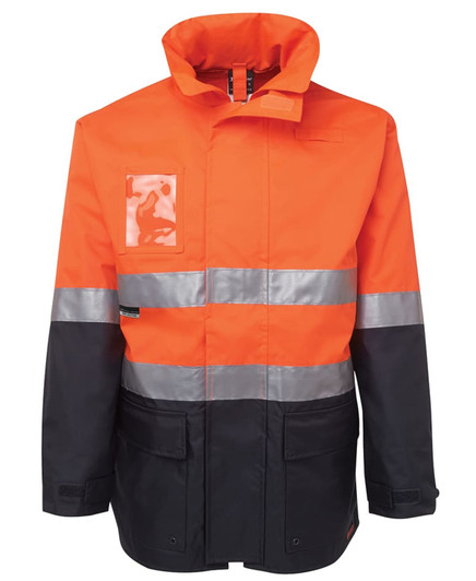 A high-visibility jacket in orange and black, featuring reflective stripes and a pocket. It has a logo on the front.