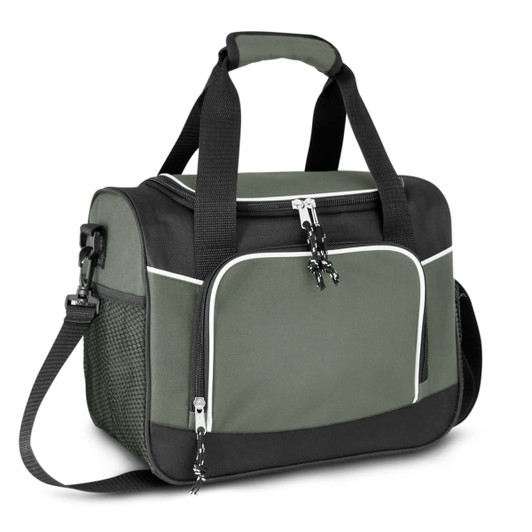 A green and black cooler bag featuring a zipped compartment, carrying handles, and a detachable shoulder strap.