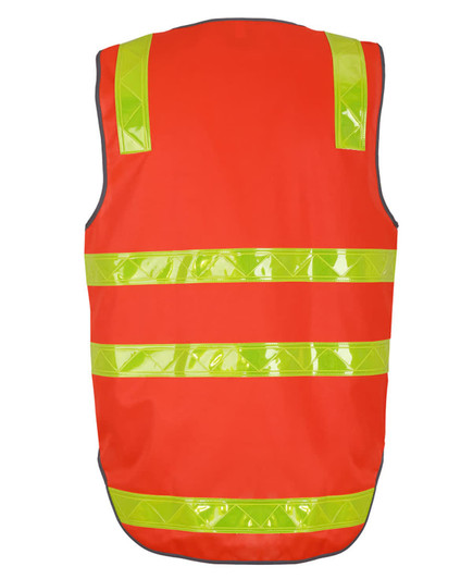 An orange safety vest featuring reflective yellow stripes, designed for visibility and safety in work environments.
