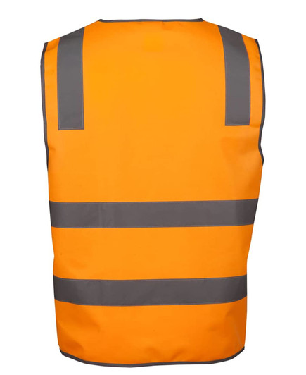 An orange safety vest featuring grey reflective stripes and a branding logo. Back view displayed.