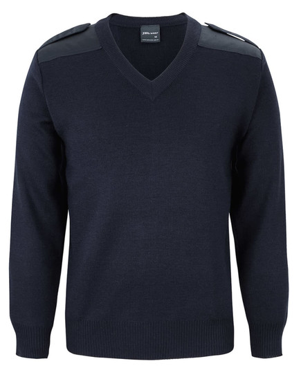 A navy knitted jumper with a V-neck and epaulettes on the shoulders. It features long sleeves and a textured knit.