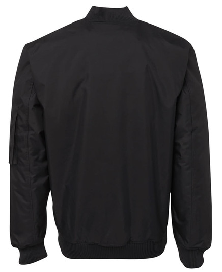 A black bomber jacket featuring a ribbed collar and sleeve details, with a logo on the sleeve.