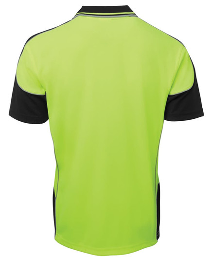 A high-visibility green polo shirt with black contrast piping and a logo. Suitable for workwear.