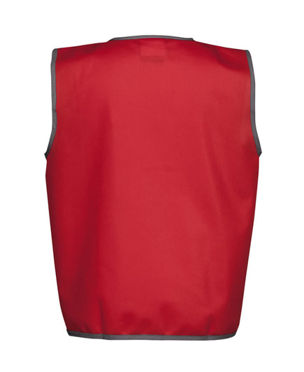 A red tricot sports vest with grey trim, designed for kids, featuring a logo on the back.