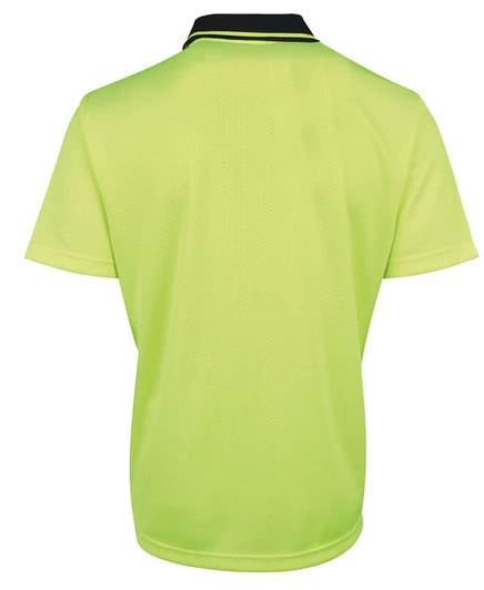 A back view of a bright lime green polo shirt featuring a collar and a logo.