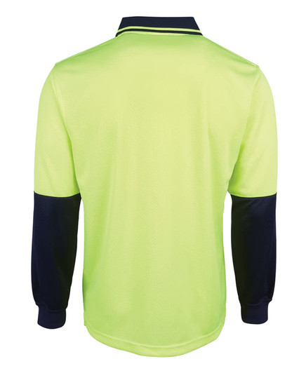 A long-sleeve polo shirt in high-visibility yellow with navy blue sleeves and collar, featuring a logo.